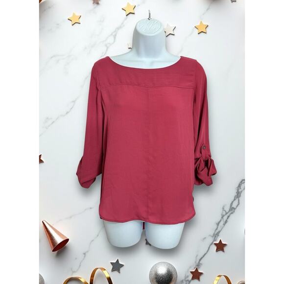 Ann Taylor LOFT Blouse Sz S Petite Rosy Pink Long Roll Tab Sleeves Career Office - Picture 1 of 7